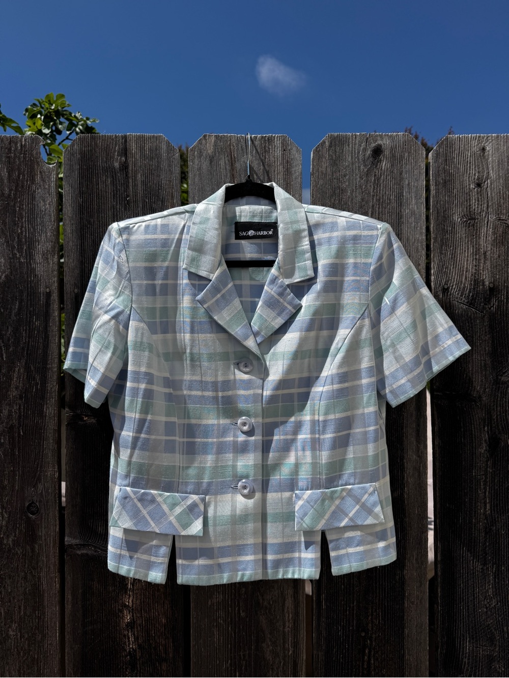Vintage 80s Pastel Plaid Short-Sleeve Blazer in Blue and Green